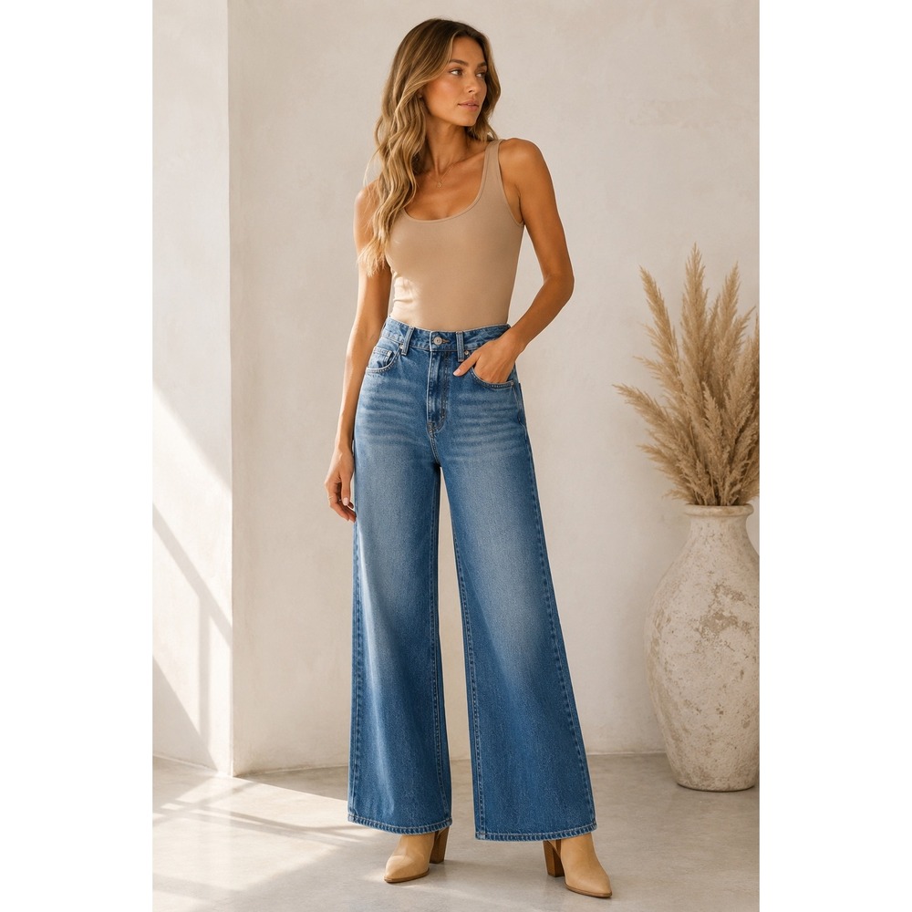 Johnny Was Sasson Lumiere Wide Leg Jeans Blue High Rise Denim Boho Size 26 NWT